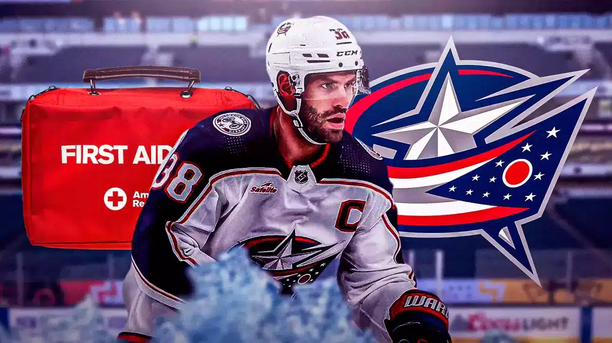 Boone Jenner in middle of image looking stern, first aid kit, Columbus Blue Jackets logo, hockey rink in background NHL Power Rankings