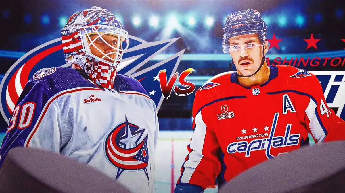 Elvis Merzlikins on one side with Columbus Blue Jackets logo, Tom Wilson on other side with WSH Capitals logo, the VS. text in middle, hockey rink in background