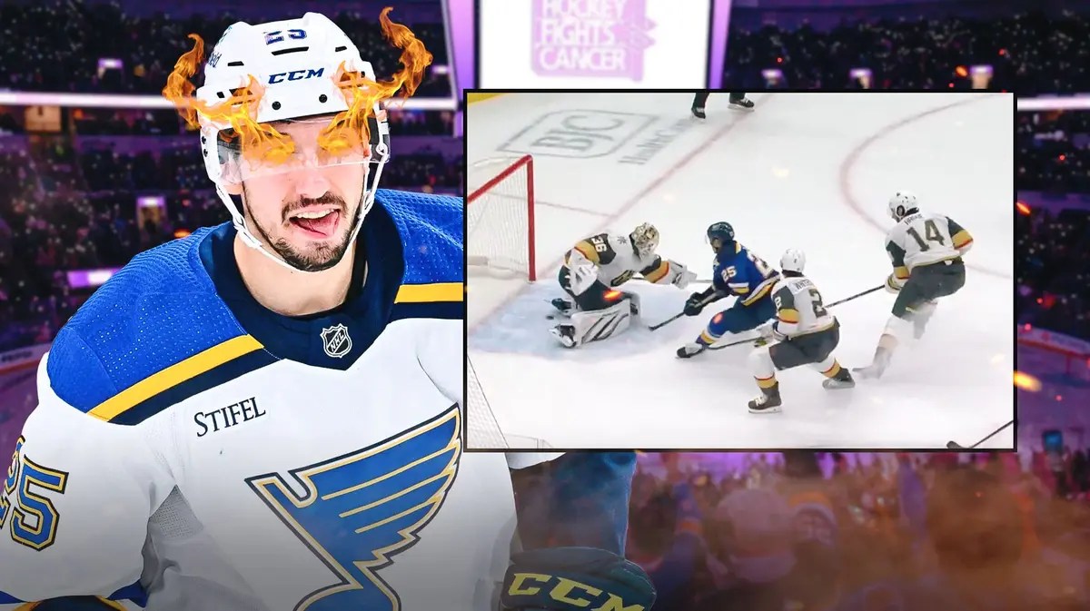St. Louis Blues forward Jordan Kyrou ending his 10-game goal drought against the Vegas Golden Knights