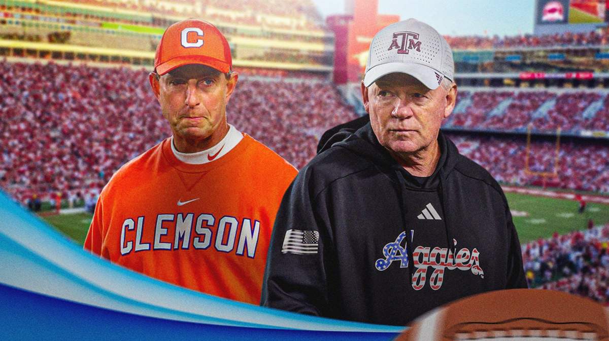 Arkansas football, Razorbacks, Clemson football, Bobby Petrino, Sign stealing, Bobby Petrino in Arkansas gear and Dabo Swinney with Arkansas football stadium in the background