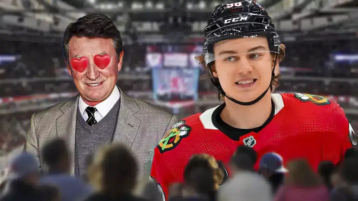 Blackhawks star Connor Bedard with Wayne Gretzky.