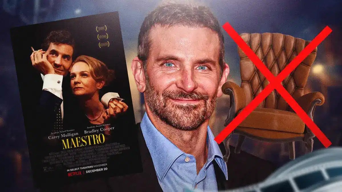 Bradley Cooper between chair that's crossed out and Maestro poster with film set background.