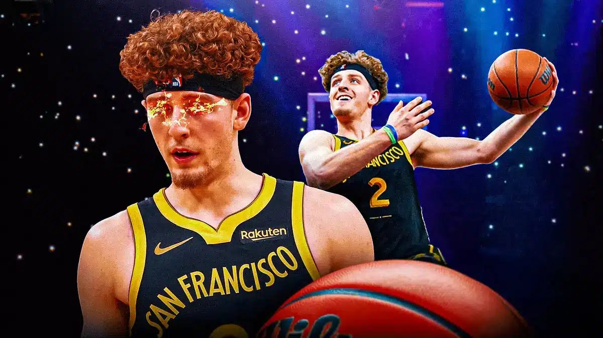 Warriors' Brandin Podziemski in front with fire in eyes. In background, Warriors' Brandin Podziemski shooting a basketball.