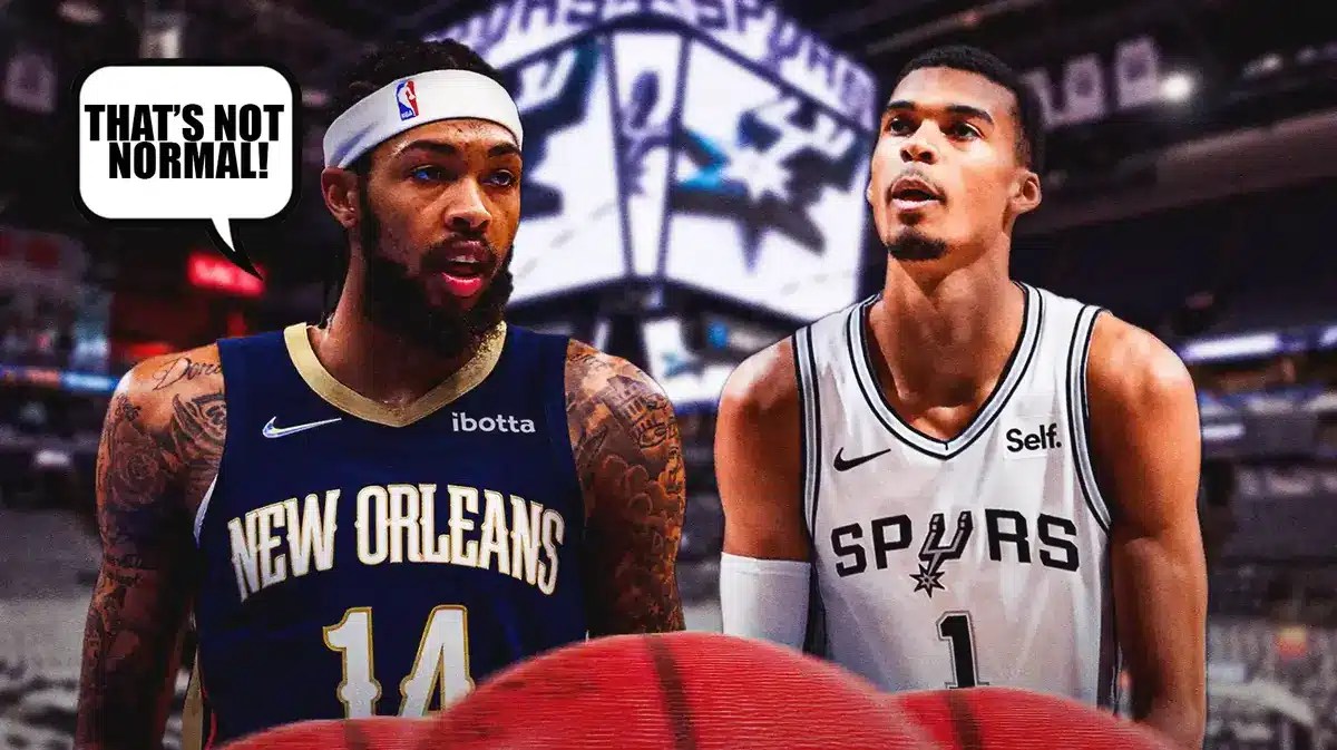 Thumb: Brandon Ingram looking confused saying, “That’s not normal!” Spurs' Victor Wembanyama playing basketball.