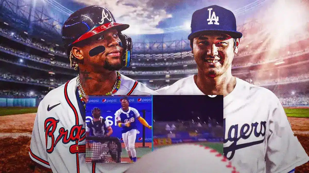 Braves' Ronald Acuna Jr. hyped up, with a screenshot of Acuna celebrating from the tweet below, with Shohei Ohtani in a Dodgers uni on the side