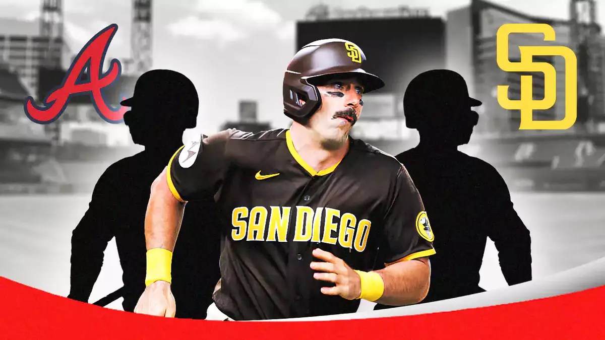 Matt Carpenter standing between the Braves and Padres logos