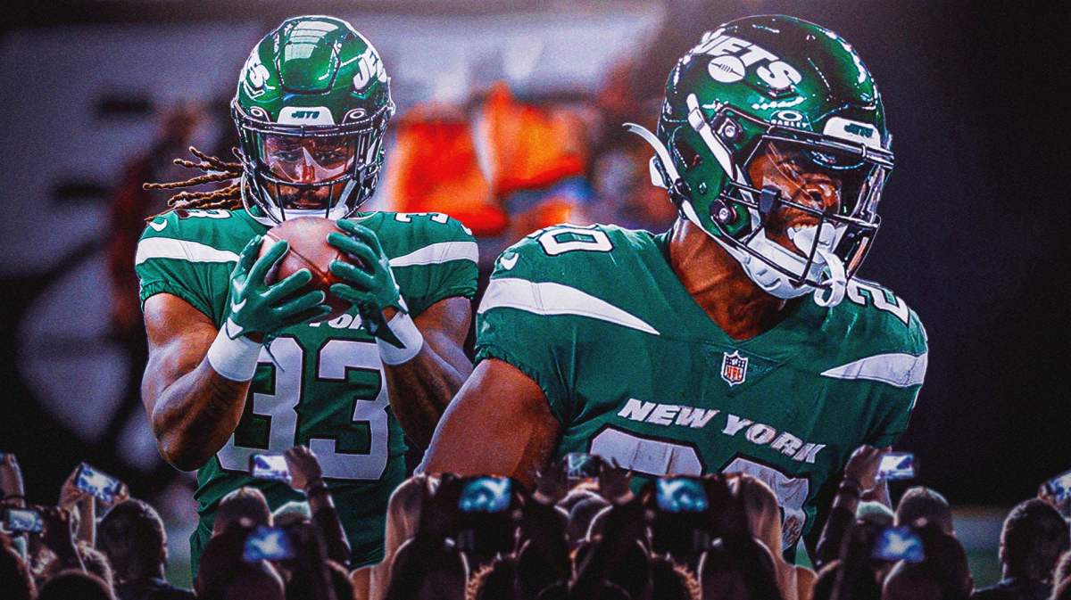 Jets players Breece Hall and Dalvin Cook on the left and right.