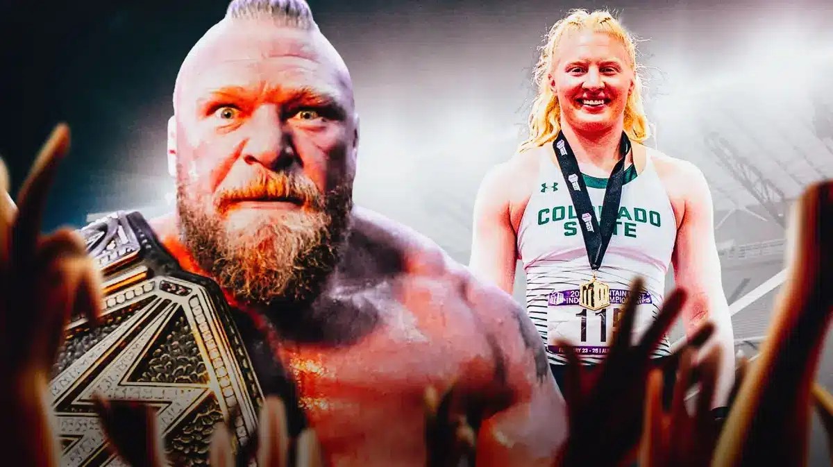 Brock Lesnar holding WWE Championship next to daughter Mya Lesnar.