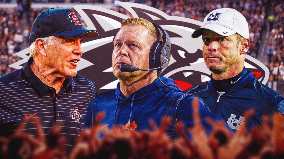 Coaches Bronco Mendenhall, Matt Wells, Rocky Long in the foreground. Background is a New Mexico logo.