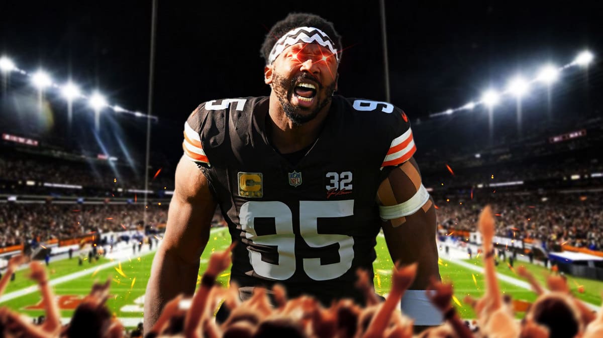 ACTION SHOT of Myles Garrett of the Browns with WOKE EYES
