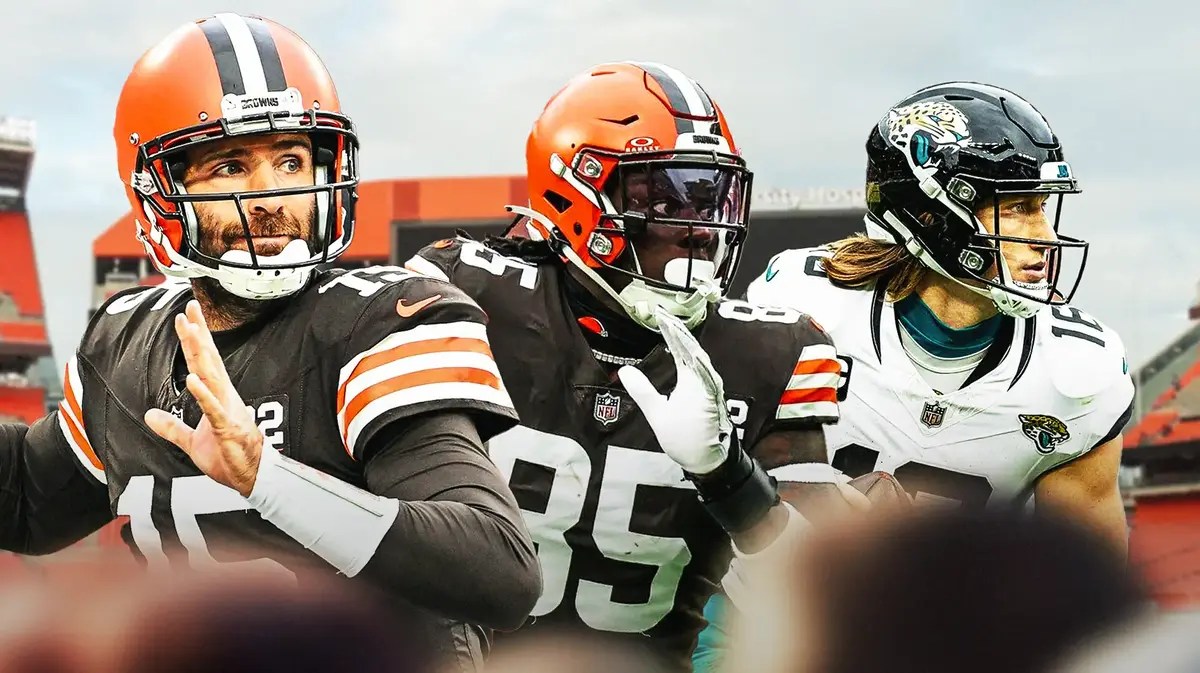 Joe Flacco, David Njoku. Trevor Lawrence. Browns stadium in the background