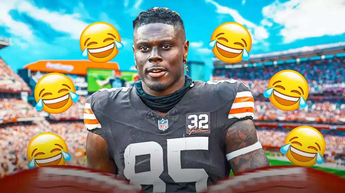 Cleveland Browns' David Njoku and joy emojis around him