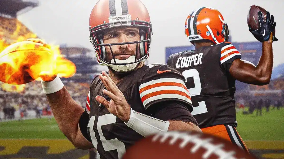 Joe Flacco throwing a football with flames coming off of it, Amari Cooper catching a football