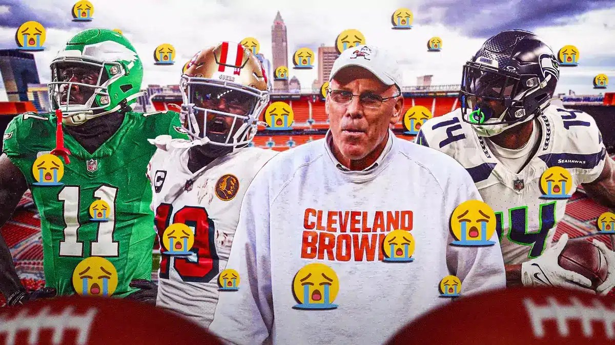 Former Browns GM John Dorsey and 2019 NFL Draft WRs Deebo Samuel, DK Metcalf, and AJ Brown.