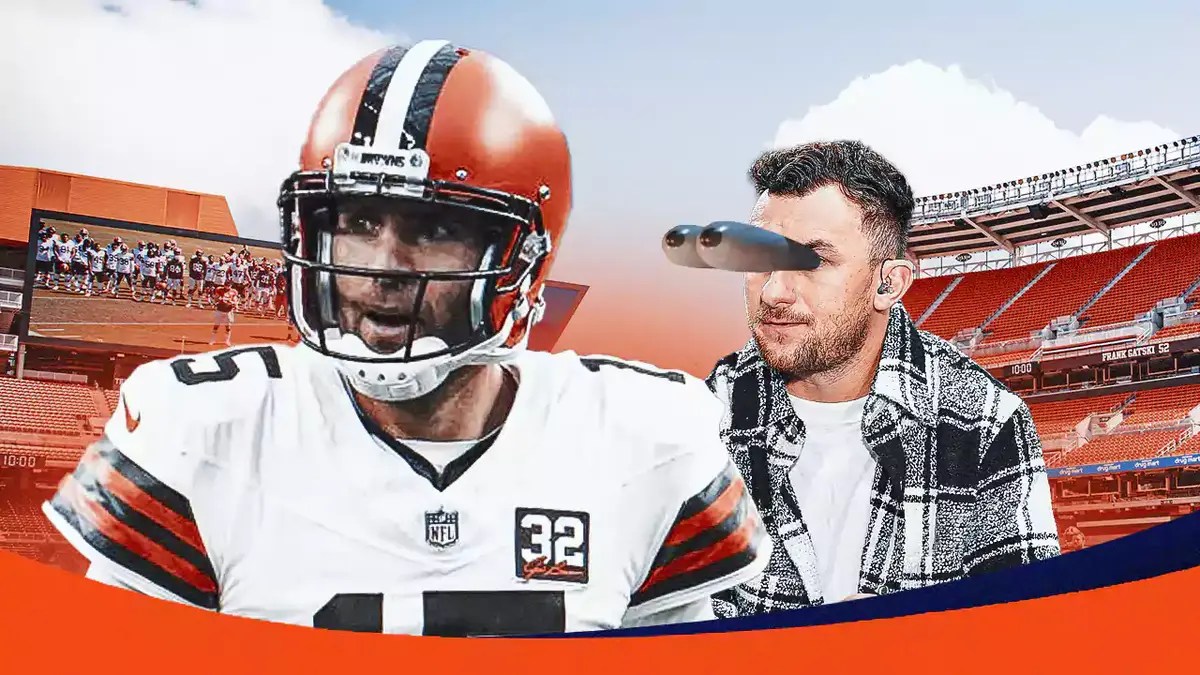 Johnny Manziel (normal clothes) eyes popping out looking at Browns' Joe Flacco throwing a football.