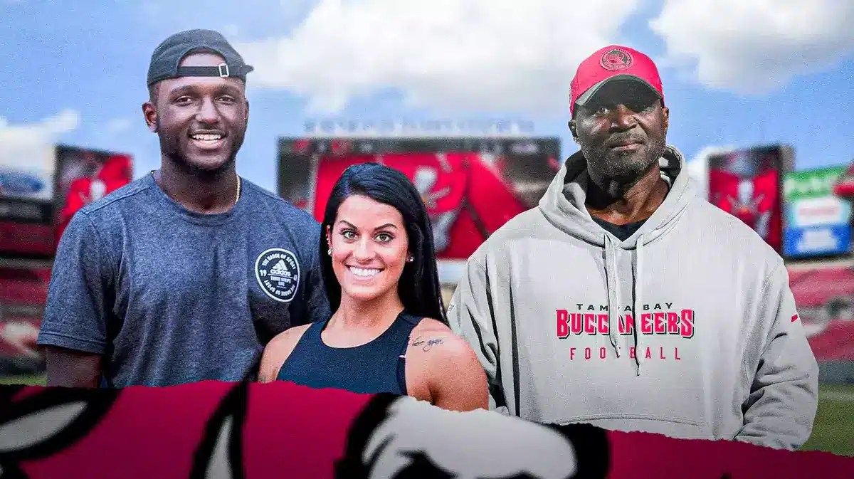 Chris Godwin, his wife Mariah Godwin, and Buccaneers coach Todd Bowles.