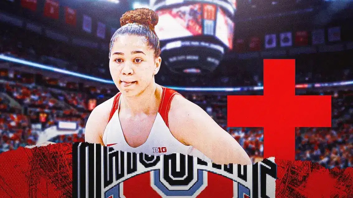 Madison Greene in her Ohio State jersey, also include an injury Red Cross image
