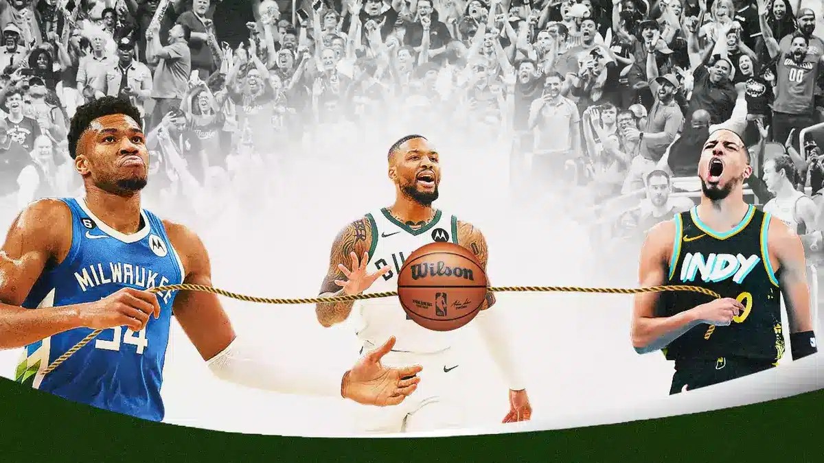 : Bucks' Giannis Antetokounmpo and Pacers' Tyrese Haliburton playing tug-o-war with a basketball in the middle of the rope, with Damian Lillard looking confused