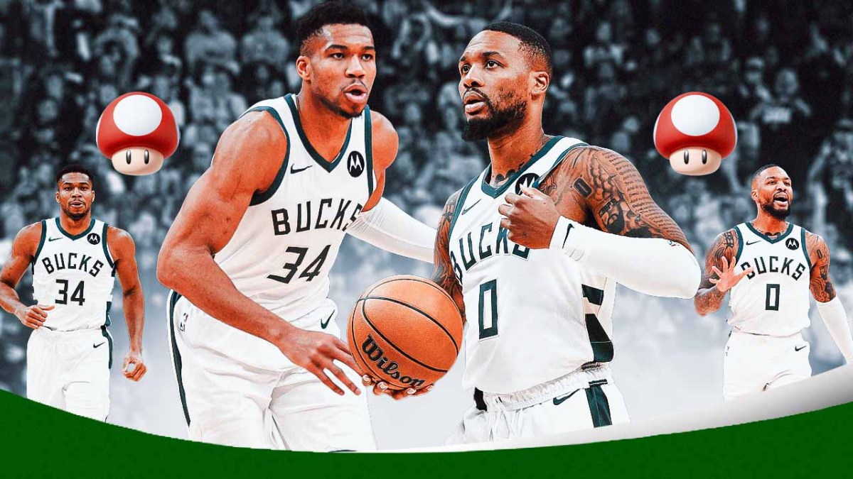 Bucks' Damian Lillard and Giannis Antetokounmpo looking small on the left, with a Mario mushroom between them; on the right is a levelled up Lillard and Antetokounmpo, who have now grown into giants