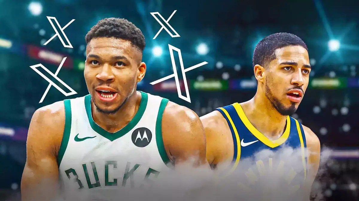 Bucks' Giannis Antetokounmpo laughing, with Twitter (X) logo all over him, with Pacers' Tyrese Haliburton looking angry