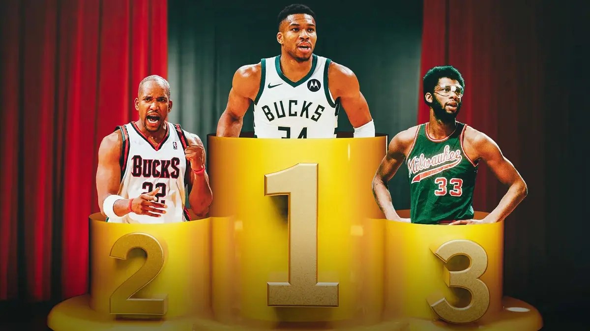Bucks' Giannis Antetokounmpo as #1 on a podium, with 2006 Michael Redd as #2 and Kareem Abdul-Jabbar as #3