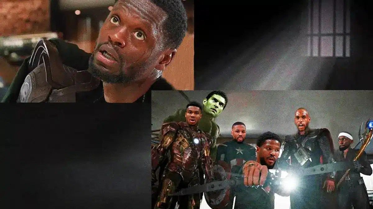 Knicks' Julius Randle as Loki, with Bucks' Giannis Antetokounmpo as Iron Man, Damian Lillard as Captain America, Malik Beasley as Hawkeye, Brook Lopez as the Hulk, Khris Middleton as Thor, and Bobby Portis as Black Widow in the image above