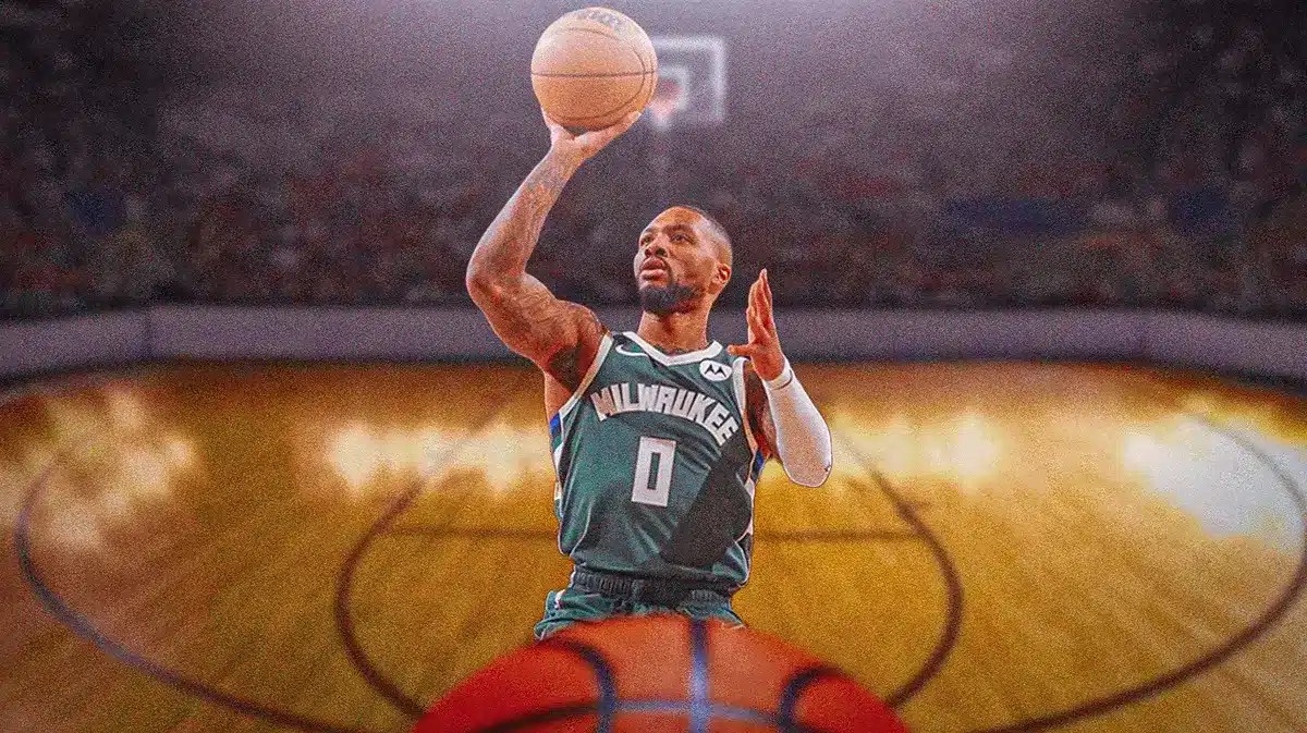 action shot of Damian Lillard (Bucks) with fire in eyes