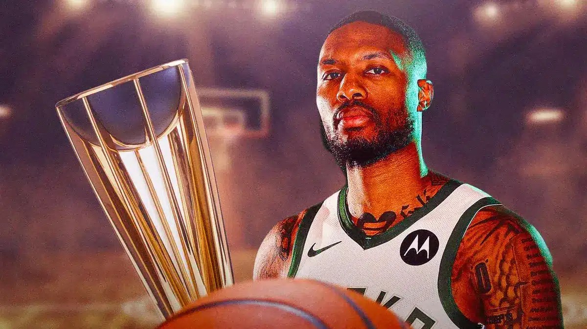 Bucks guard Damian Lillard and the NBA In-Season Tournament trophy