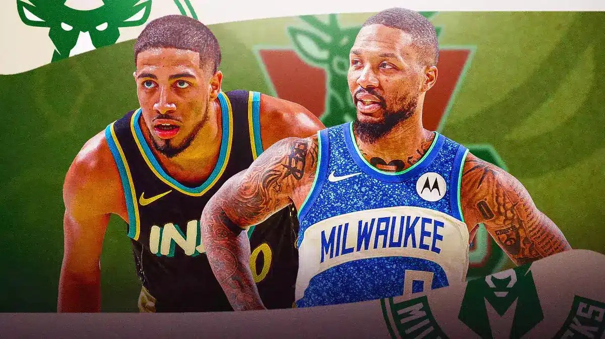 The Indiana Pacers' Tyrese Haliburton and the Milwaukee Bucks' Damian Lillard