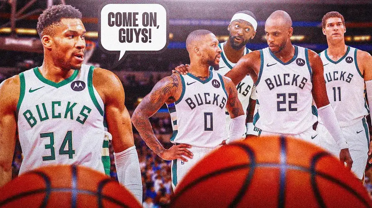 The Bucks' Giannis Antetokounmpo with speech bubble “Come on, guys!” on one side talking to Damian Lillard, Bobby Portis, Khris Middleton, Brook Lopez after loss to the Pacers in the NBA In-Season Tournament