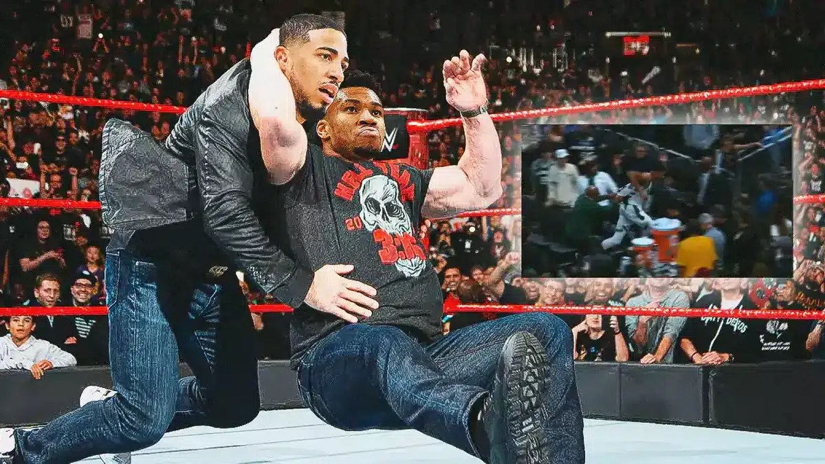Giannis Antetokounmpo as Stonecold and Tyrese Haliburton (Pacers) as the guy on left