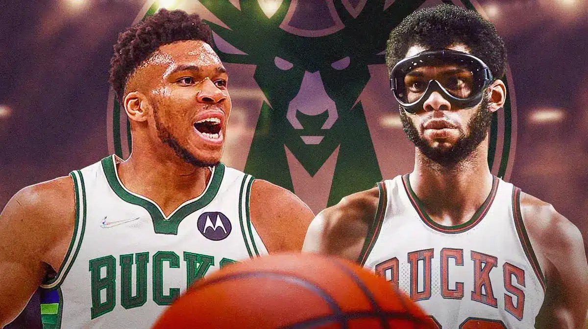 Giannis Antetokounmpo next to Kareem Abdul-Jabbar