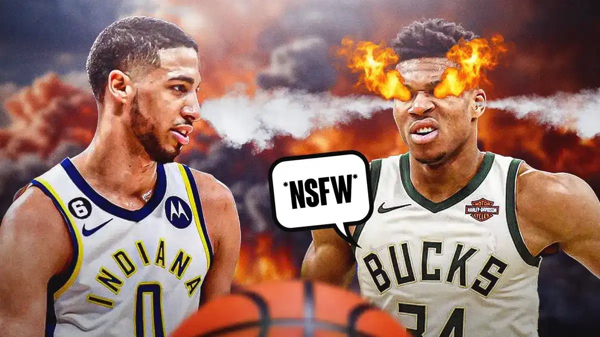 Giannis Antetokounmpo with fire and smoke towards Tyrese Haliburton
