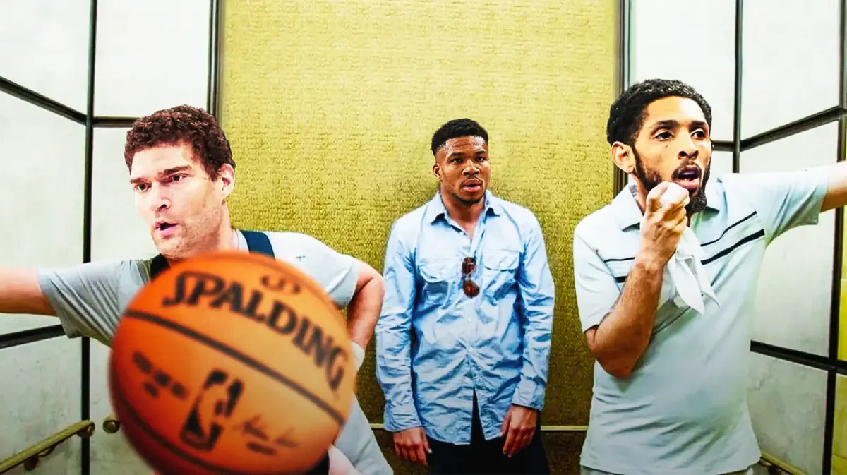 Giannis Antetokounmpo (Bucks) as the guy in the middle, Brook Lopez as the guy with the baby, Cameron Payne as the guy on the right