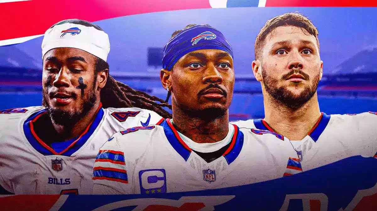 Buffalo Bills stars James Cook, Stefon Diggs, and Josh Allen in front of Highmark Stadium.