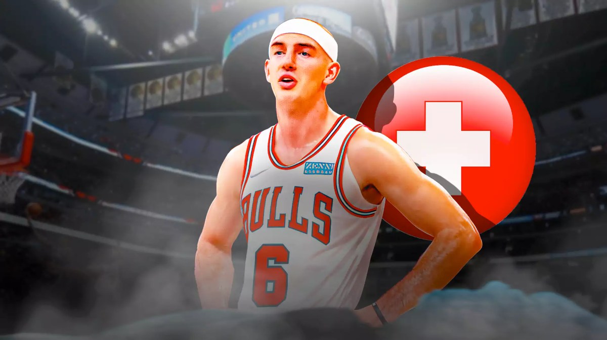 Alex Caruso with the Bulls arena in the background, also include an injury red cross