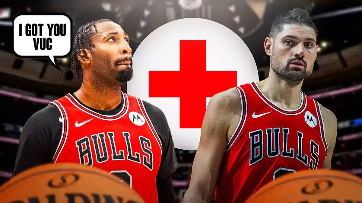 Andre Drummond saying "I got you Vuc" with Nikola Vucevic next to a red medical symbol