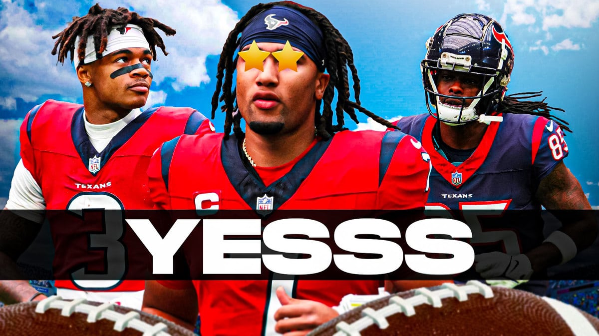 CJ Stroud in the middle with stars in his eyes ⭐️, Tank Dell and Noah Brown around him, Sunny skies in the background, and Houston Texans logo in the background.