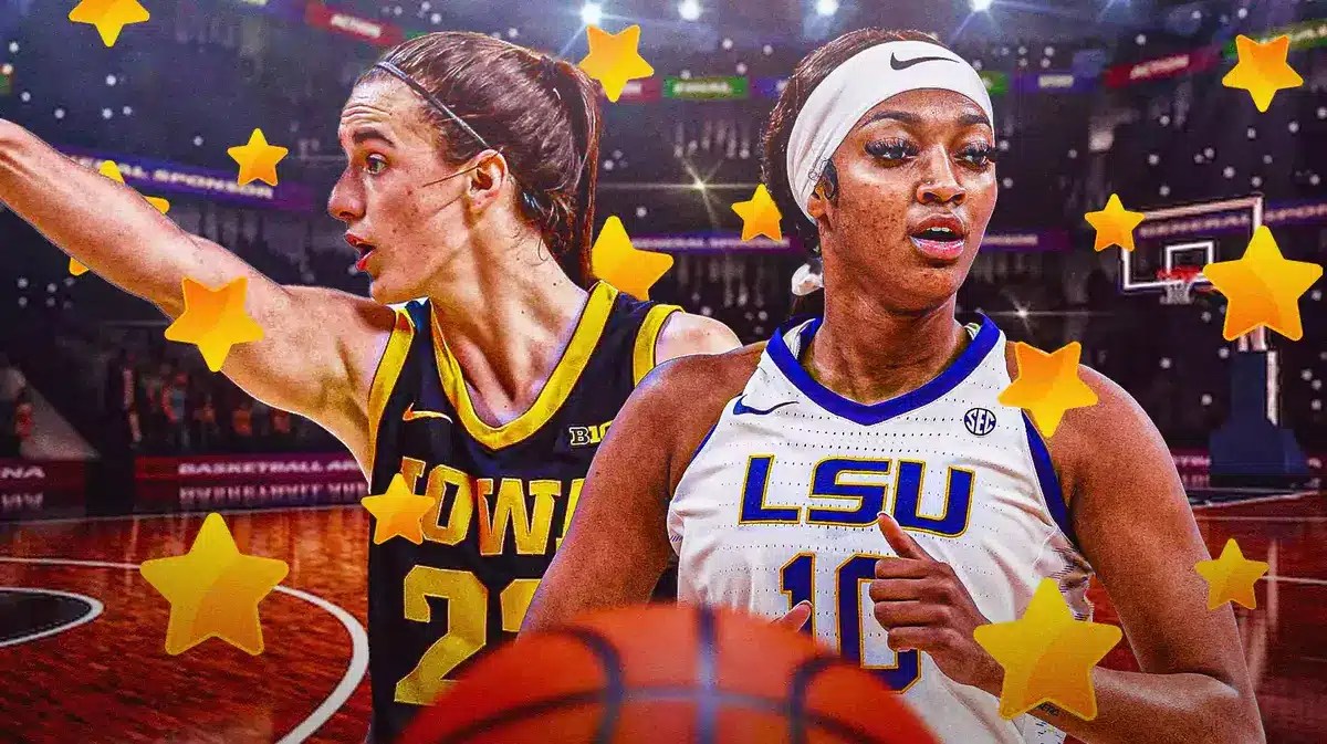 Iowa women’s basketball player Caitlin Clark and LSU women’s basketball player Angel Reese, with stars around them