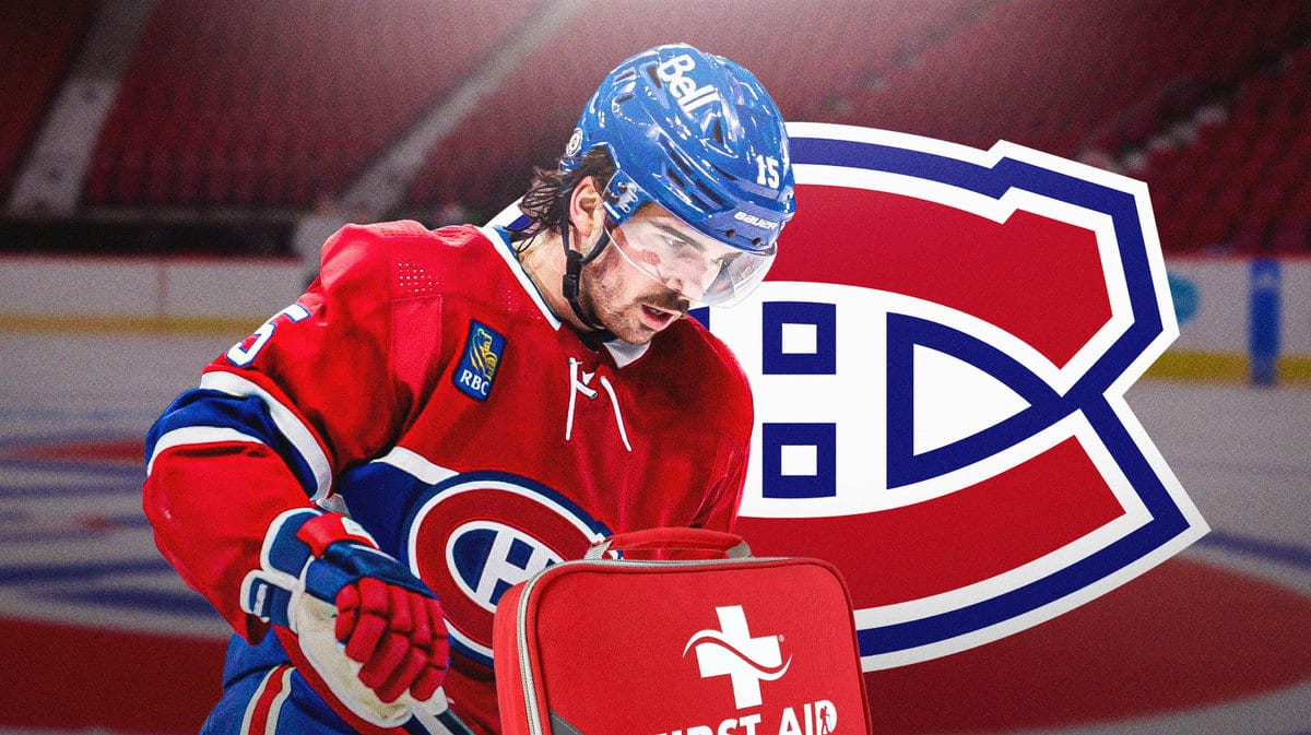 Alex Newhook in middle of image looking upset, first aid kit, MON Canadiens logo, hockey rink in background