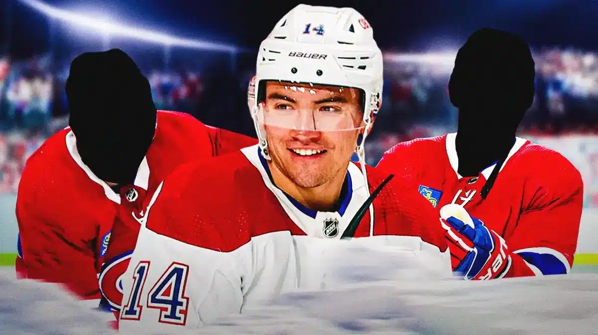 Nick Suzuki in middle looking happy, two silhouetted players in Montreal Canadiens jersey (one on each side), MON Canadiens logo, hockey rink in background