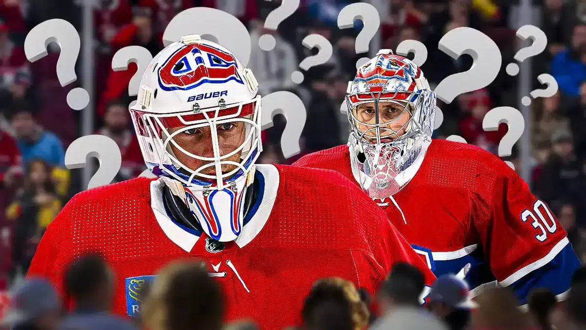 Jake Allen and Cayden Primeau with several question marks above their heads