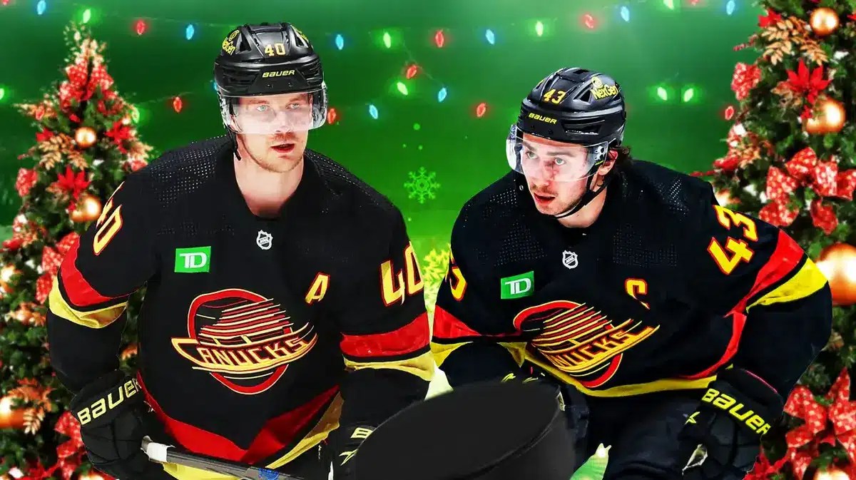 Canucks stars Elias Petterson and Quinn Hughes celebrating Christmas.
