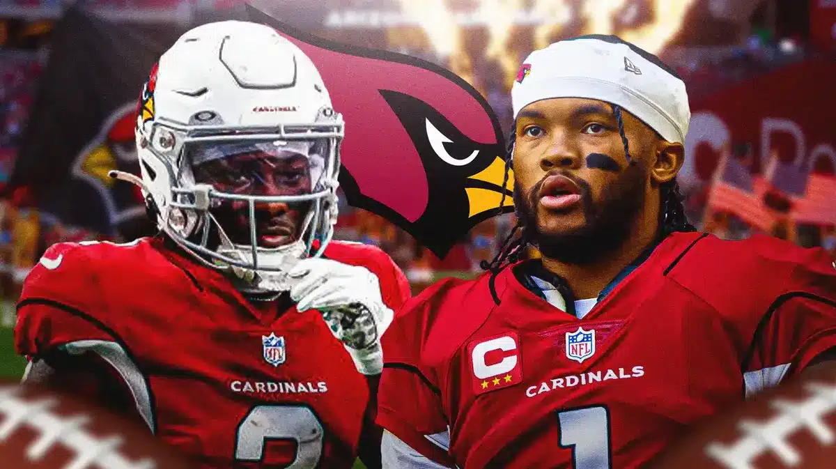 Photo: Kyler Murray and Marquise Browns in Cardinals jersey, with Cardinals logo in the background