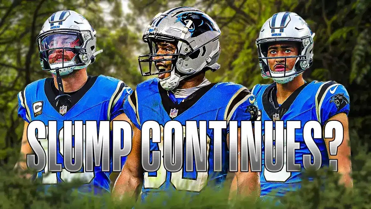 Bryce Young, Chuba Hubbard, Adam Thielen all beside each other with the jungle in the background.