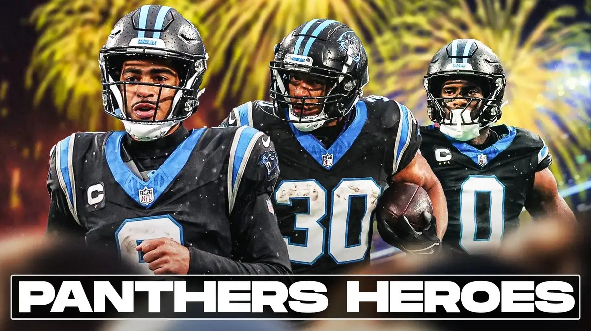 Bryce Young, Chuba Hubbard, Brian Burns all beside each other with fireworks in the background.