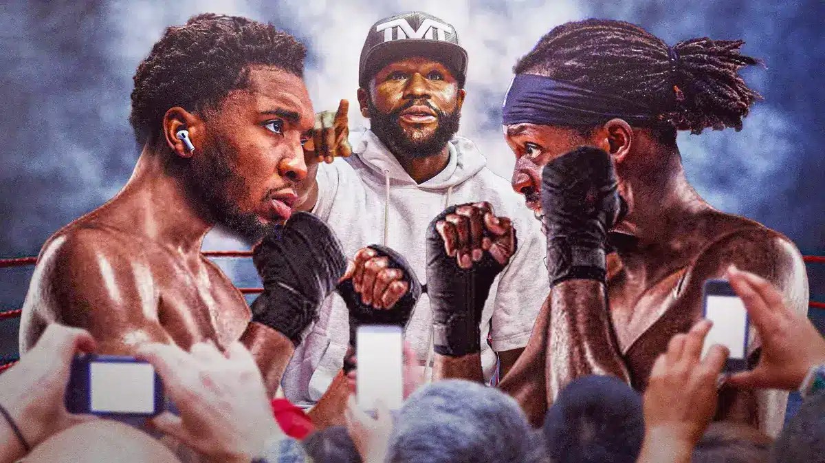 Cavs guard Donovan Mitchell and Patrick Beverly with Floyd Mayweather
