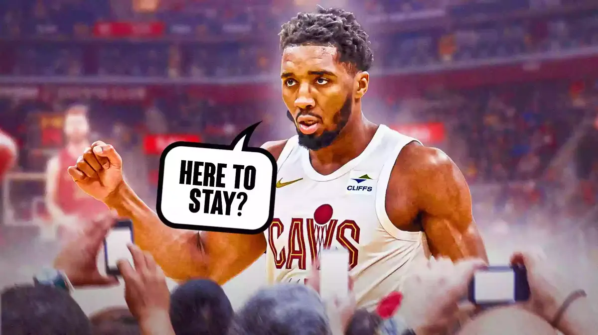 Donovan Mitchell, text on screen that says “Here to stay?”