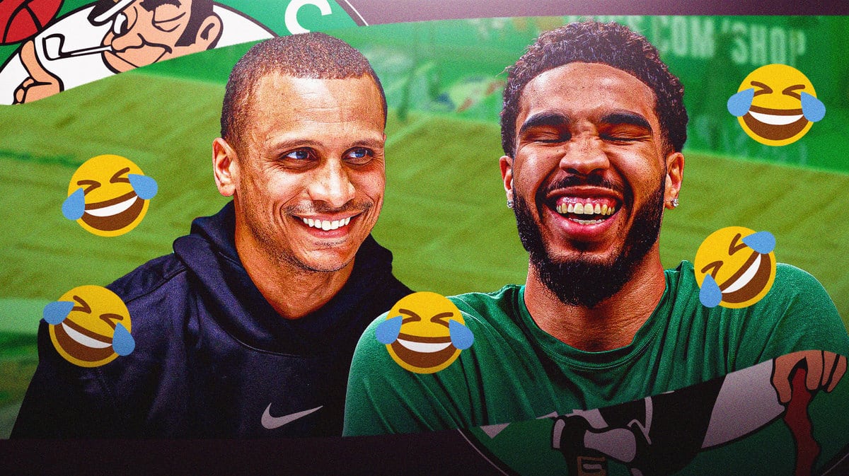 Celtics' Joe Mazzulla and Jayson Tatum laughing with rofl emojis all over