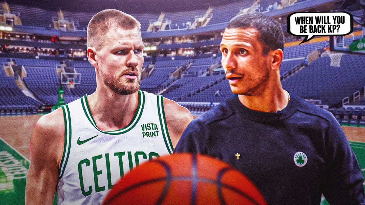 Celtics' Joe Mazzulla saying "When will you be back KP?" to Kristaps Porzingis